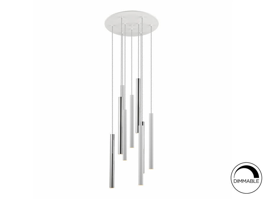 Lustră suspendată Schuller Varas 9L cu nouă coloane LED verticale dispuse circular pe disc de 42 cm — cromat și alb mat.