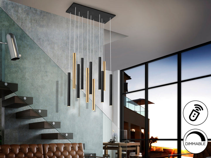 Lustră suspendată Schuller Varas Liniară 11L cu unsprezece coloane LED grupate rectangular în finisaj auriu lucios și negru mat — dimmable.