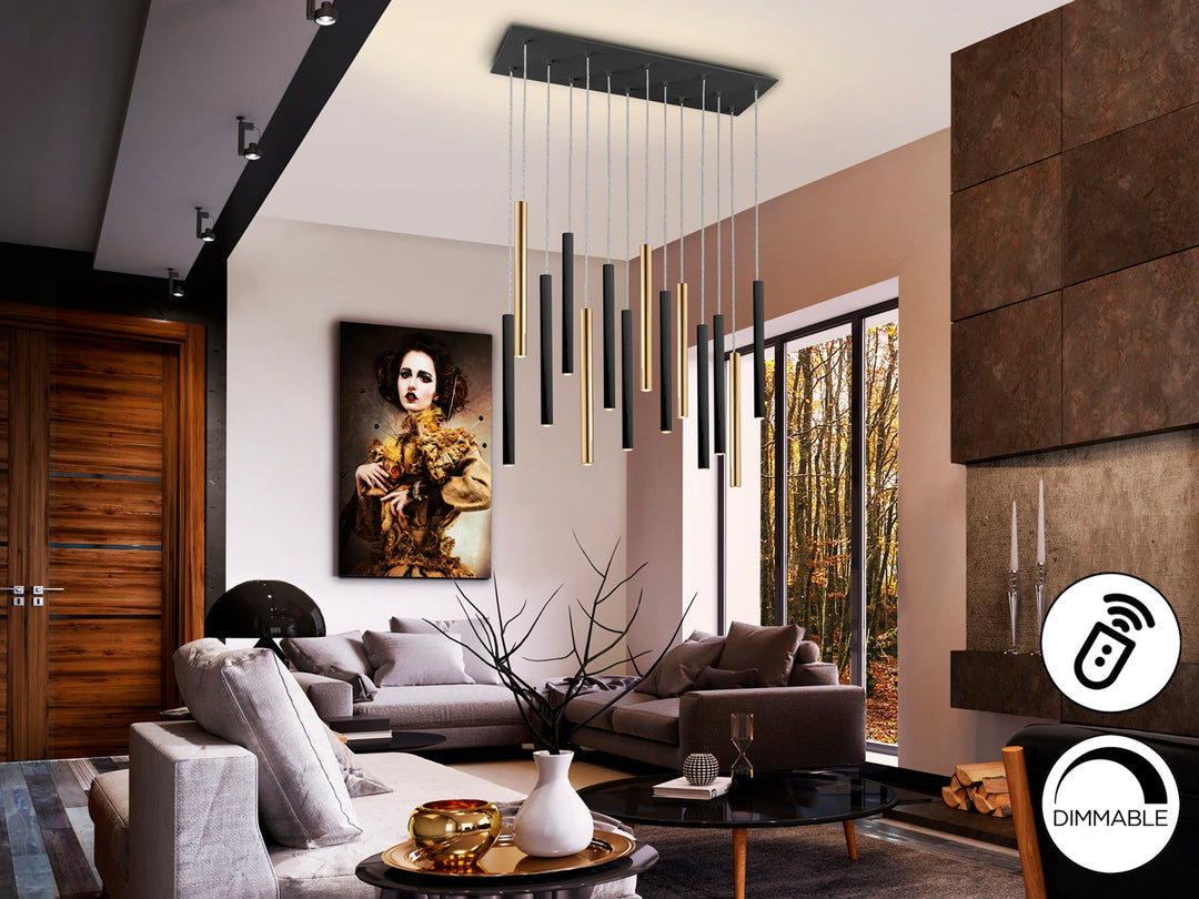 Lustră suspendată Schuller Varas 14L cu paisprezece coloane LED verticale grupate rectangular pe 82 cm — auriu lucios și negru mat, dimmable.
