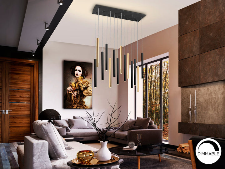 Lustră suspendată Schuller Varas 14L cu paisprezece coloane LED verticale grupate rectangular pe 82 cm — auriu lucios și negru mat.