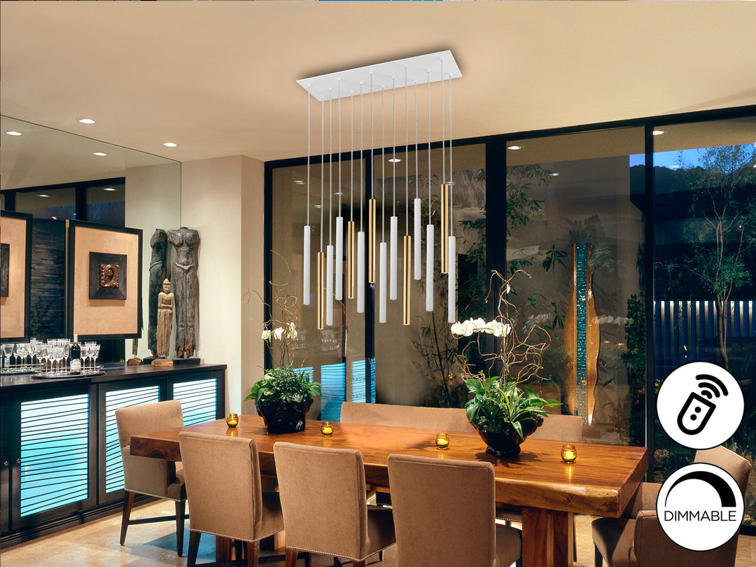 Lustră suspendată Schuller Varas 14L cu paisprezece coloane LED verticale grupate rectangular pe 82 cm — auriu lucios și alb mat, dimmable.