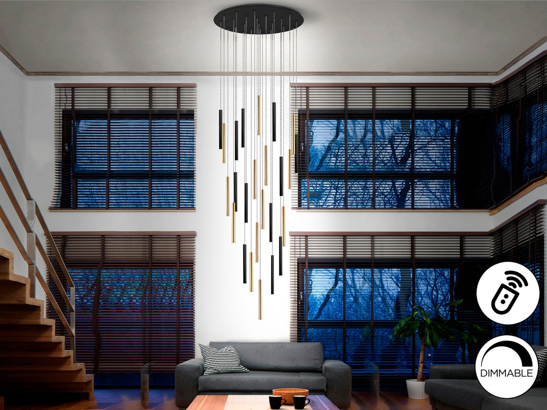 Lustră suspendată Schuller Varas Grand 25L cu douăzeci și cinci de coloane LED pe disc Ø90 cm — auriu lucios și negru mat, dimmable cu telecomandă.