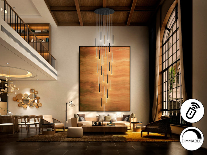 Lustră suspendată Schuller Varas Grand 25L cu douăzeci și cinci de coloane LED pe disc Ø90 cm — fall extins până la 5 metri, dimmable.
