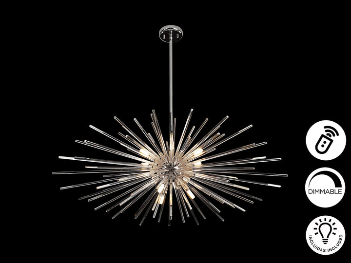 Lustră suspendată Schuller Evasion 9L cu construcție sferoidală Ø100 cm și bare radiale din sticlă transparentă cu accente crom închis — dimmable.