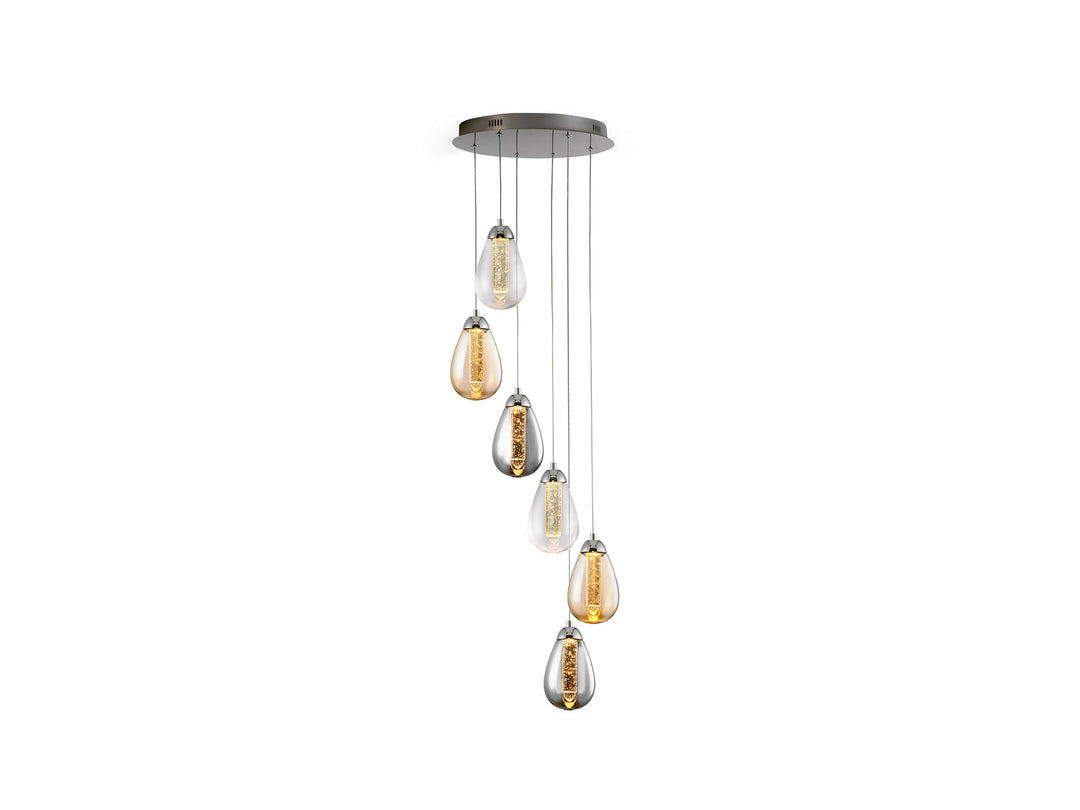 Lustră suspendată Schuller Taccia 6L cu șase abajure în cascadă verticală din sticlă transparentă, chihlimbar și fumurie — cromat, 125 cm.