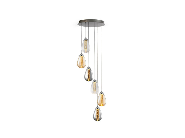 Lustră suspendată Schuller Taccia 6L cu șase abajure în cascadă verticală din sticlă transparentă, chihlimbar și fumurie — cromat, 125 cm.