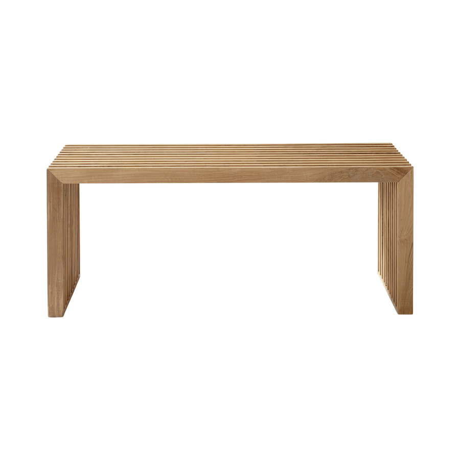 Banchetă Rib Cinas — banchetă din lemn de tec cu structură de coaste, într-un hol modern.