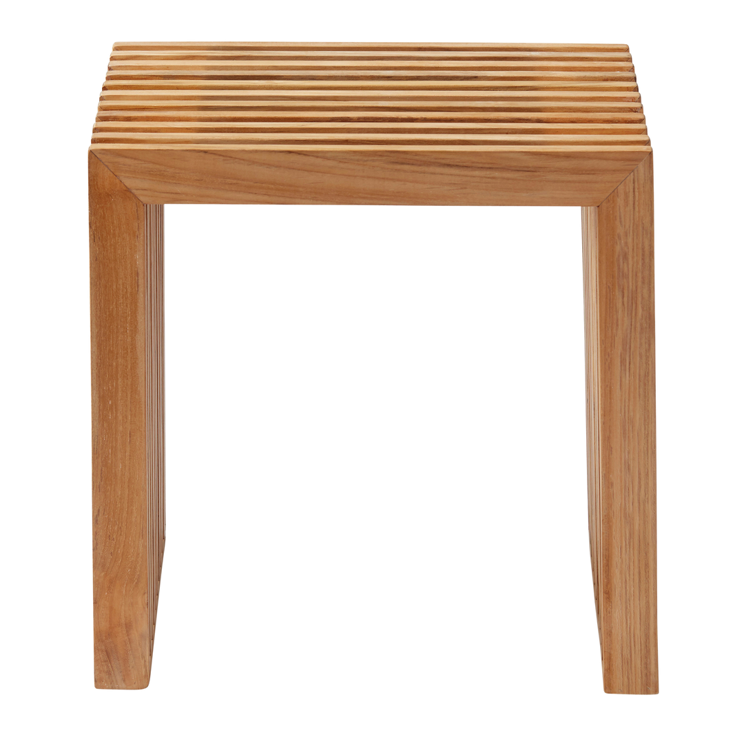 Taburet Rib Cinas — taburet compact din tec cu structură de coaste, în interior modern.