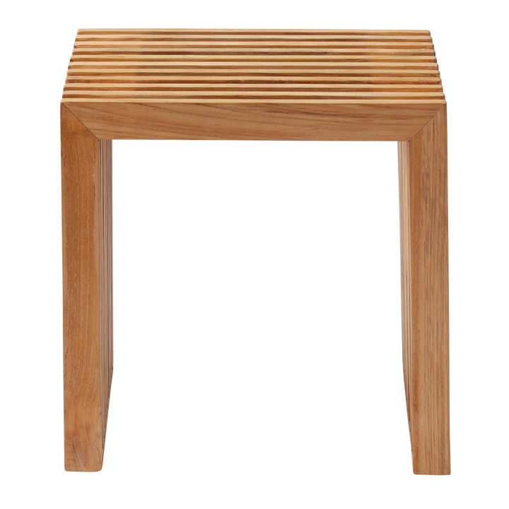 Taburet Rib Cinas — taburet compact din tec cu structură de coaste, în interior modern.