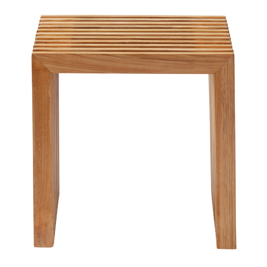 Taburet Rib Cinas — taburet compact din tec cu structură de coaste, în interior modern.