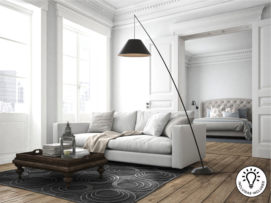 Lampadar Schuller Junco cu tijă curbată fibră de carbon și abajur textil negru — H235 cm