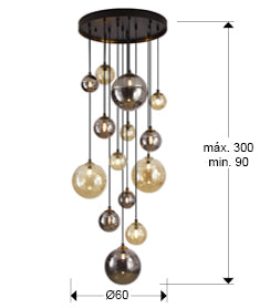 Lustra Schuller Dark 14 lumini cascadă negru-alama sfere mixte 185 cm
