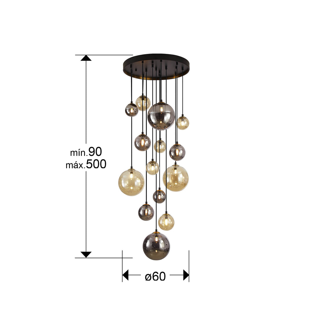 Lustra Schuller Dark 14 lumini cascadă negru-alama fall 5 metri