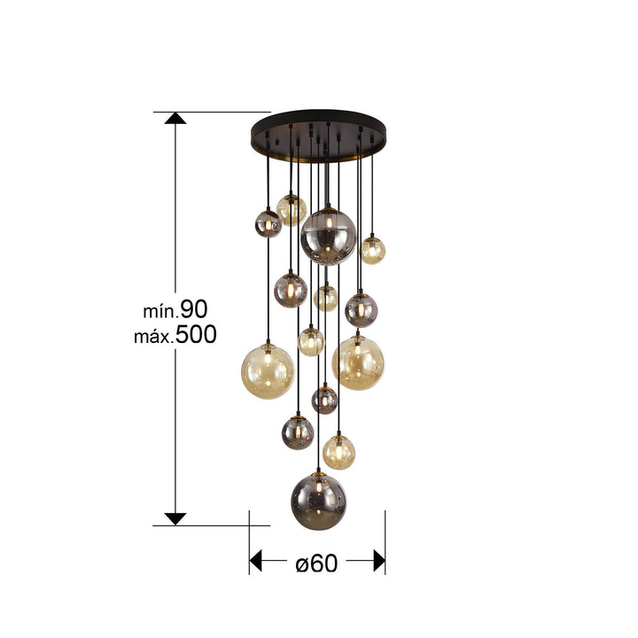 Lustra Schuller Dark 14 lumini cascadă negru-alama fall 5 metri