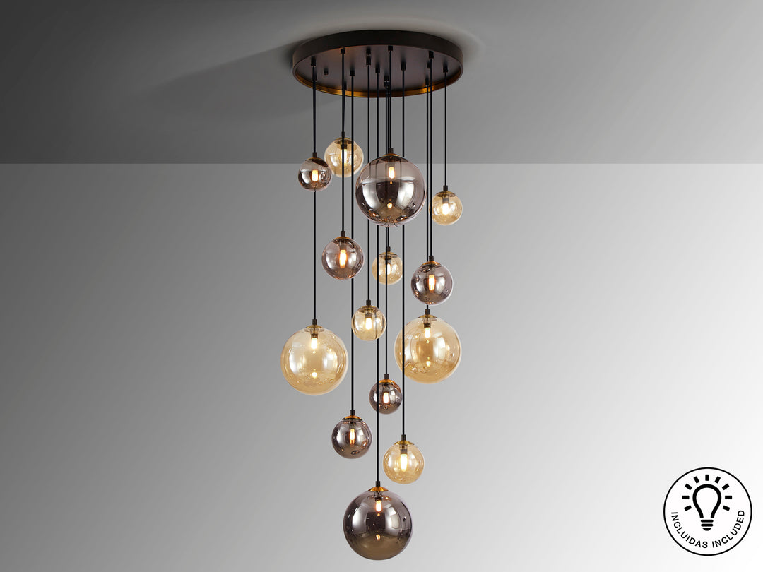 Lustra Schuller Dark 14 lumini cascadă negru-alama sfere mixte 185 cm