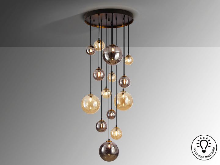 Lustra Schuller Dark 14 lumini cascadă negru-alama sfere mixte 185 cm