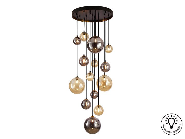 Lustra Schuller Dark 14 lumini cascadă negru-alama sfere mixte 185 cm