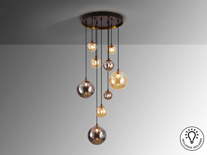 Lustra Schuller Dark 9 lumini cascadă negru-alama sfere mixte 140 cm