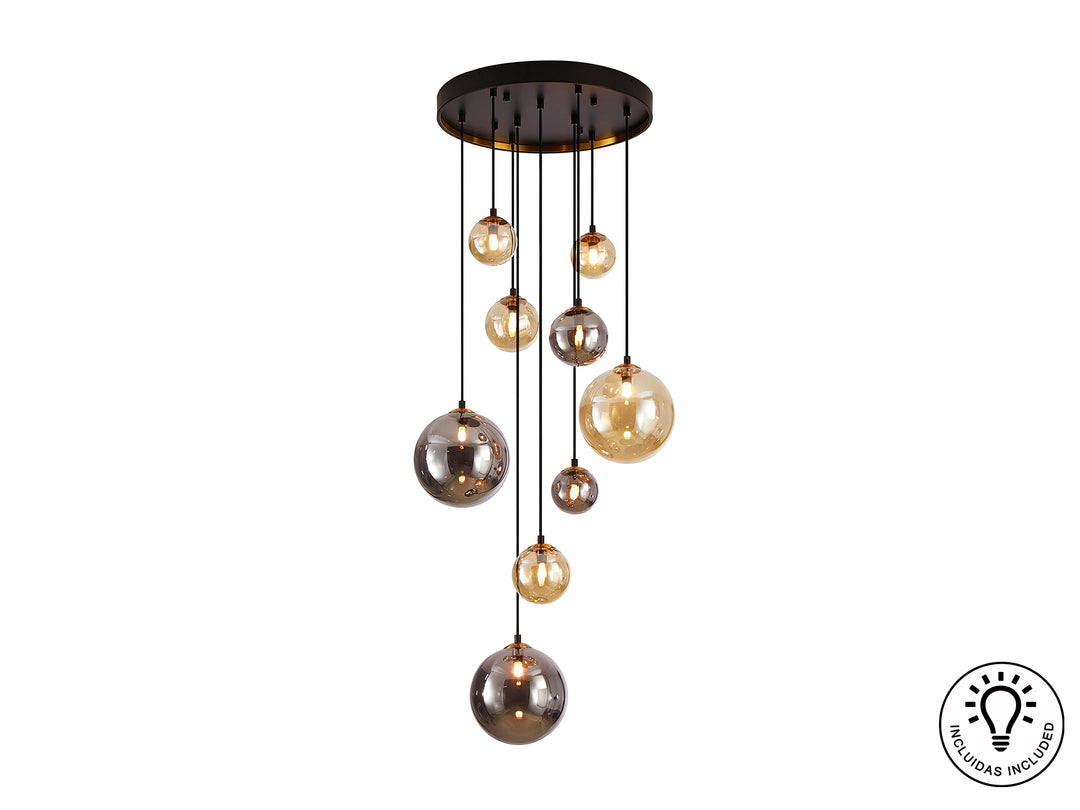 Lustra Schuller Dark 9 lumini cascadă negru-alama sfere mixte 140 cm