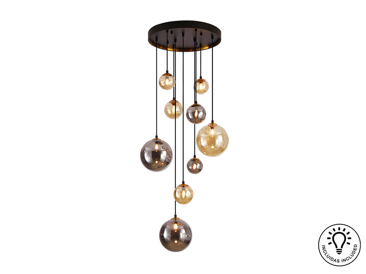 Lustra Schuller Dark 9 lumini cascadă negru-alama sfere mixte 140 cm