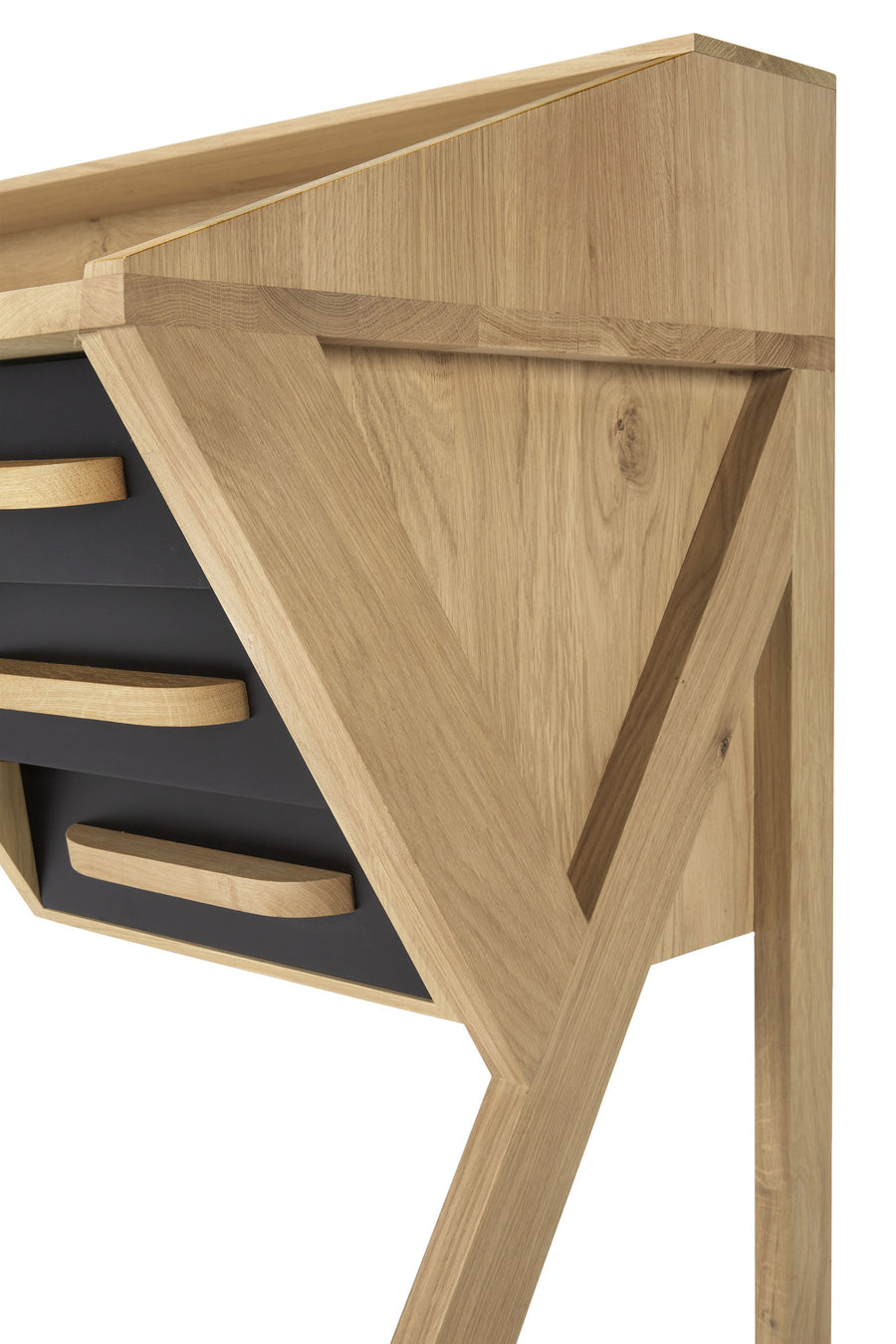 Birou Origami Ethnicraft din stejar masiv cu 5 sertare negre, linie retro — birou de acasă