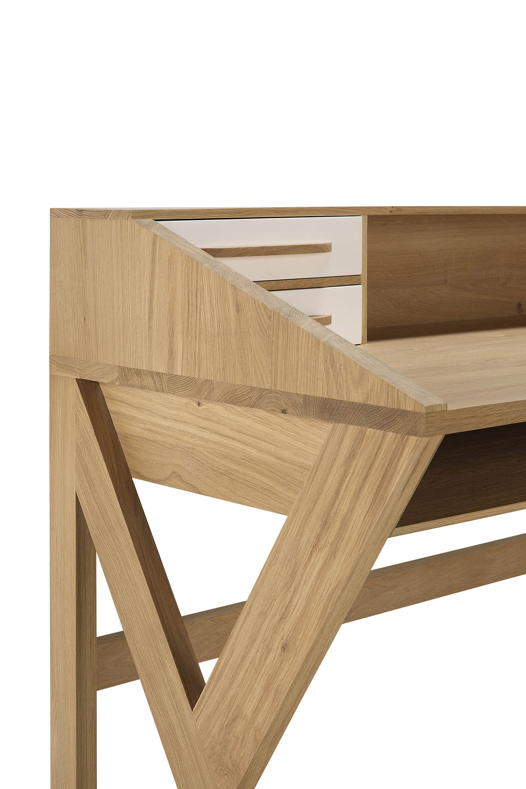 Birou Origami Ethnicraft din stejar masiv cu 5 sertare crem, linie retro — birou de acasă