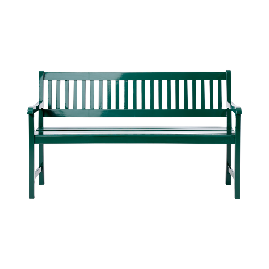 Banchetă Brighton Cinas — banchetă de 150 cm din mahon pictat verde englezesc, cu brațe curbate, într-un parc.