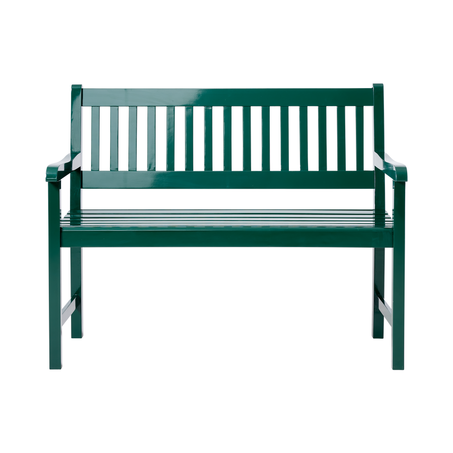 Banchetă Brighton Cinas — banchetă de 108 cm din mahon pictat verde englezesc, cu brațe curbate, pe un balcon liniștit.