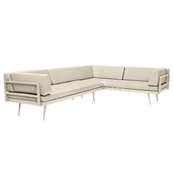 Set canapele Rio Cinas — set modular de exterior cu cadru de aluminiu gri nisip și perne în aceeași nuanță.