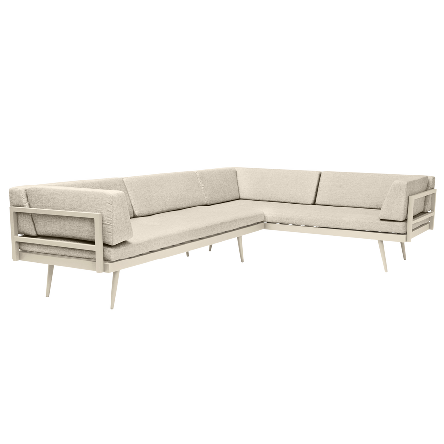 Set canapele Rio Cinas — set modular de exterior cu cadru de aluminiu gri nisip și perne în aceeași nuanță.