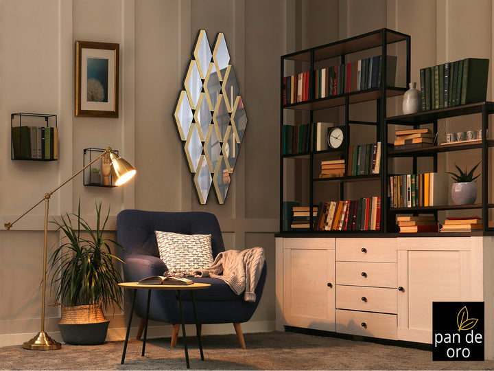 Oglindă Schuller Romulo cu plăci de oglindă și detalii foiță aurie pe MDF negru — 60x120 cm
