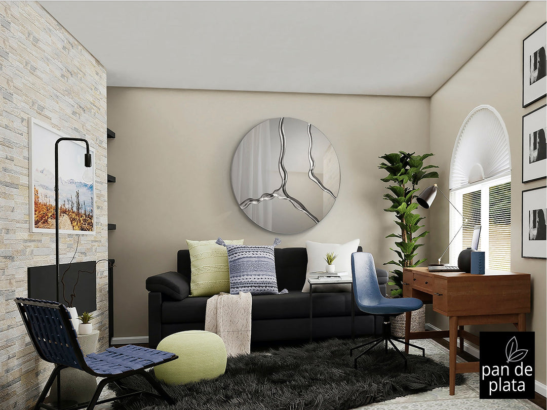 Oglindă rotundă Schuller Surcos Ø100 cm cu ramă din MDF în finisaj foiță de argint și canal decorativ pe contur.