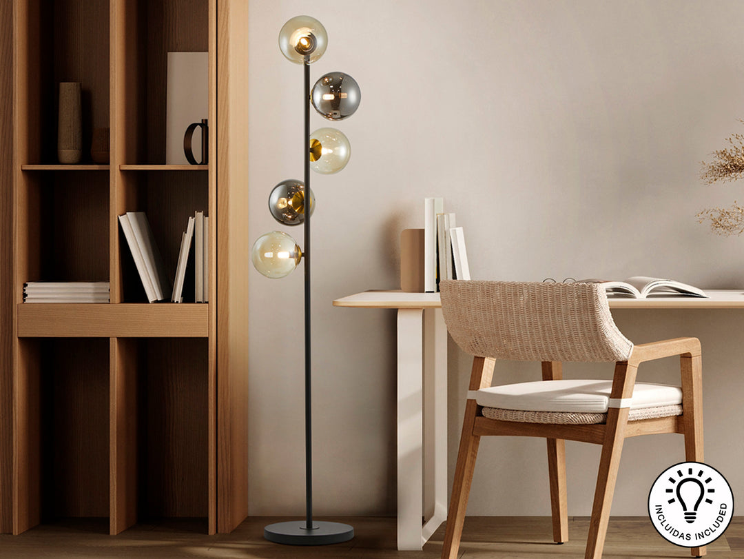 Lampadar Schuller Inoa 5 sfere chihlimbar-fumuriu negru 159 cm