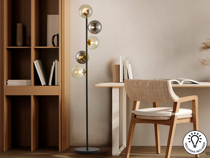 Lampadar Schuller Inoa 5 sfere chihlimbar-fumuriu negru 159 cm