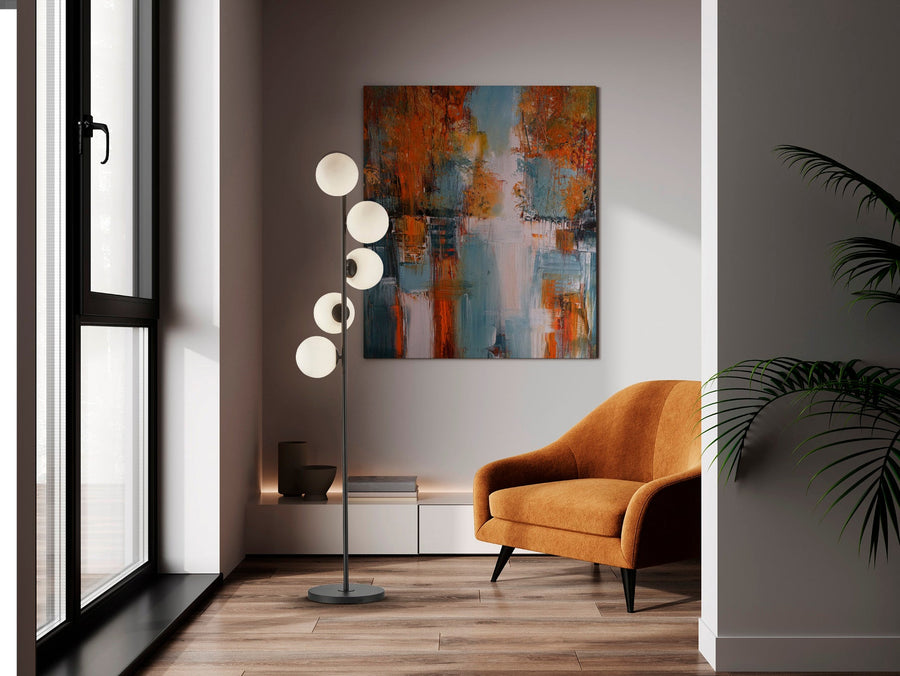 Lampadar Schuller Inoa 5L cu cinci sfere din sticlă opal acidulată pe tijă verticală în finisaj metalic negru mat — 159 cm înălțime.