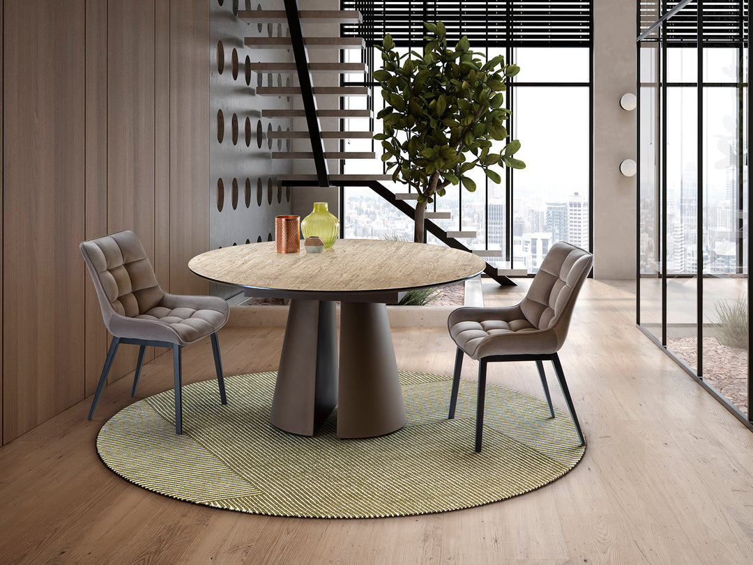 Masă dining Schuller Samara rotundă Ø138 cm cu blat travertin și structură maro oxid