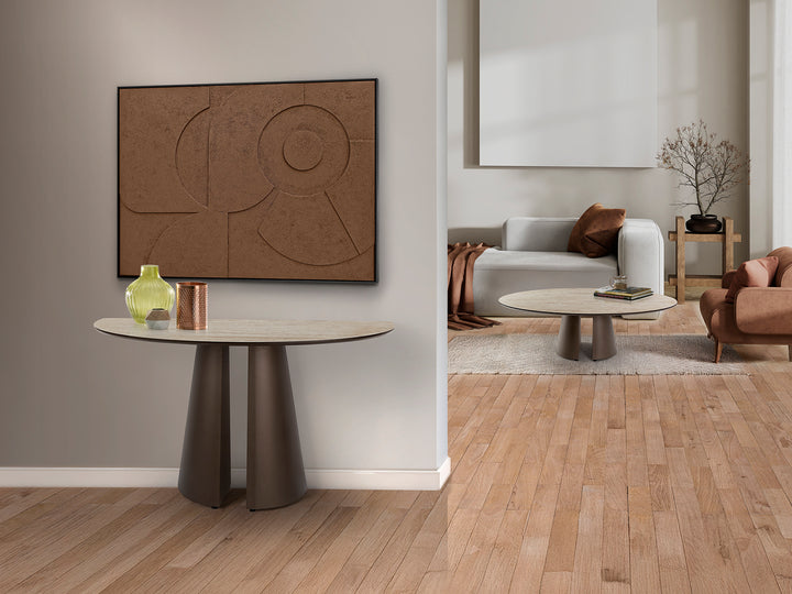 Consolă Schuller Samara cu blat travertin și structură maro oxid — 130x78x42 cm
