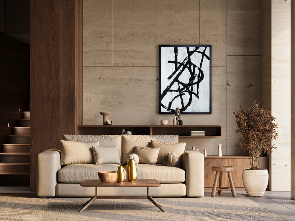 Compoziție decorativă Schuller Graphos Blanco pe sticlă imprimată cu ramă neagră — 75x100 cm