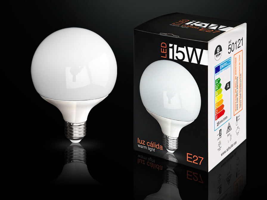 Bec LED Schuller E27 cu formă de glob, 15W, diametru 10 cm — lumină caldă pentru plafoniere și abajure transparente.