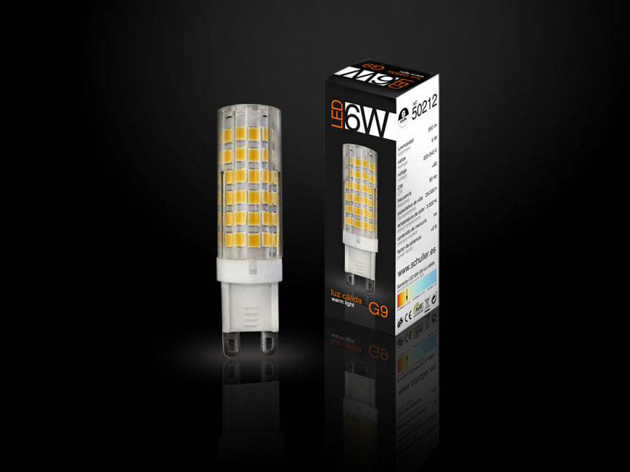 Bec LED Schuller G9 de 6W cu lumină caldă — pentru aplice și plafoniere cu soclu G9 standard.