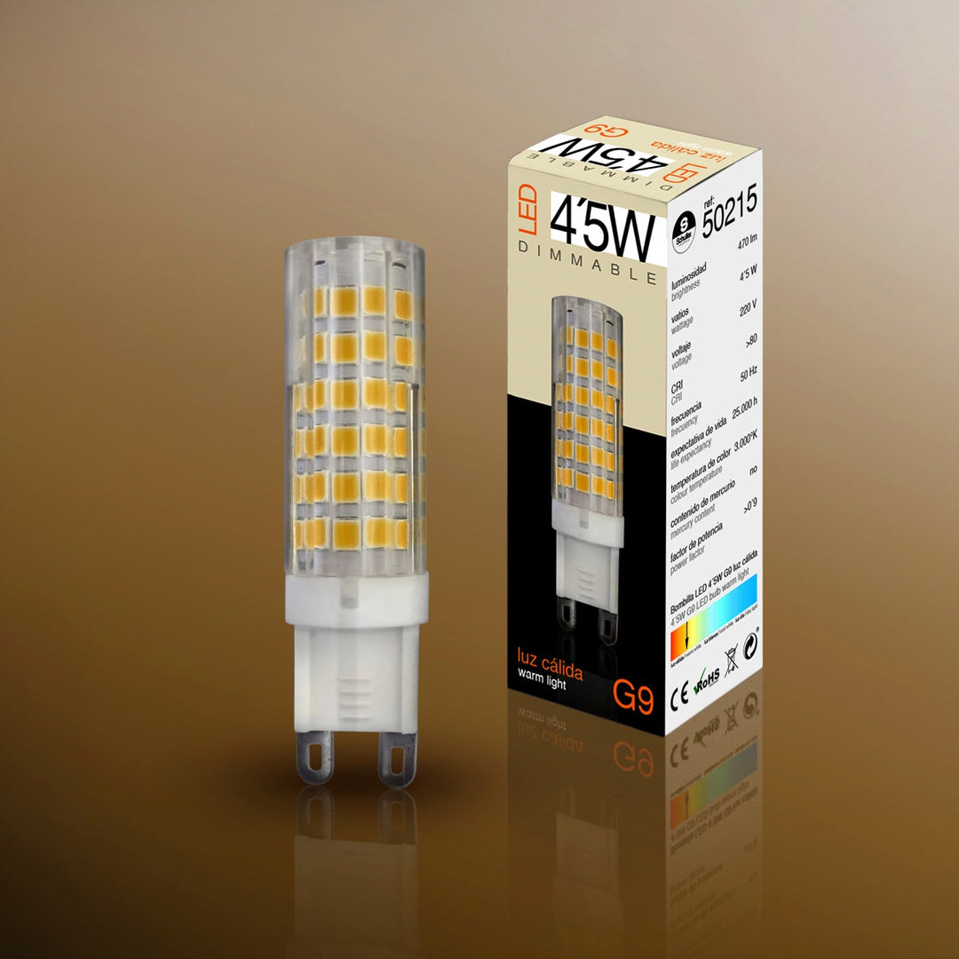 Bec LED Schuller G9 de 4.5W dimabil cu lumină caldă — pentru corpuri cu soclu G9 și variator compatibil.