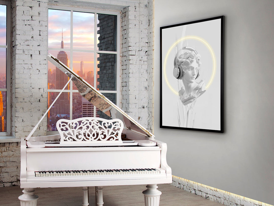 Tablou luminos Schuller Busto cu print canvas alb-negru al unui bust clasic cu căști audio și bandă LED decorativă — 80×120 cm.