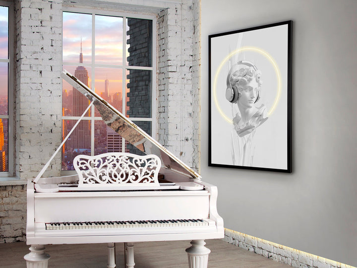 Tablou luminos Schuller Busto cu print canvas alb-negru al unui bust clasic cu căști audio și bandă LED decorativă — 80×120 cm.