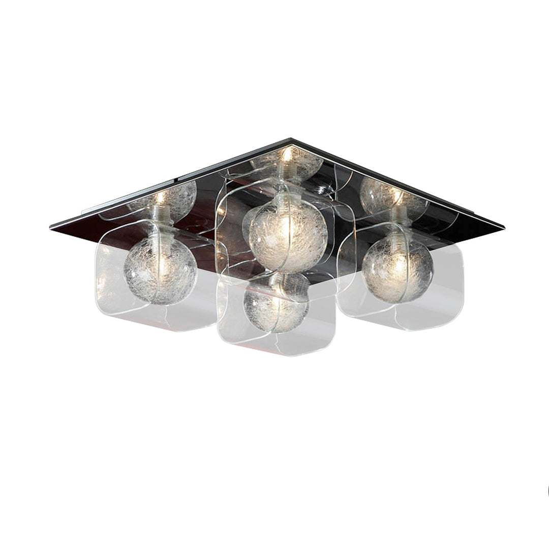 Plafonieră Schuller Eclipse cu patru abajure de sticlă cu fire interioare și corp cromat — 42x42 cm