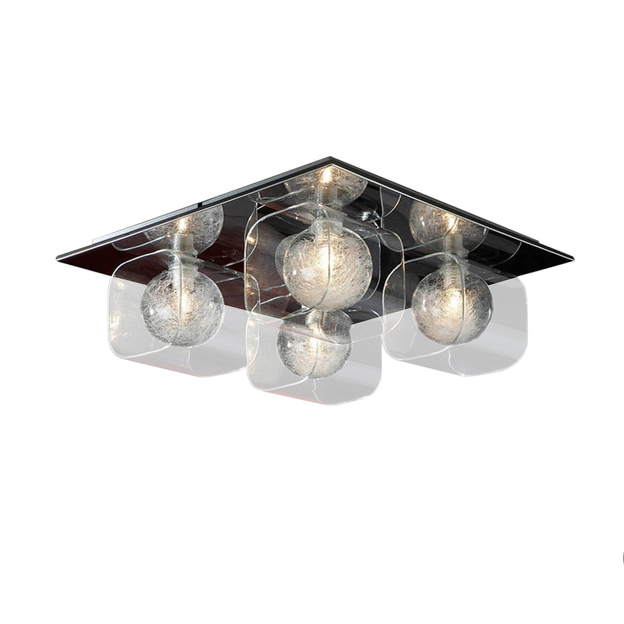 Plafonieră Schuller Eclipse cu patru abajure de sticlă cu fire interioare și corp cromat — 42x42 cm