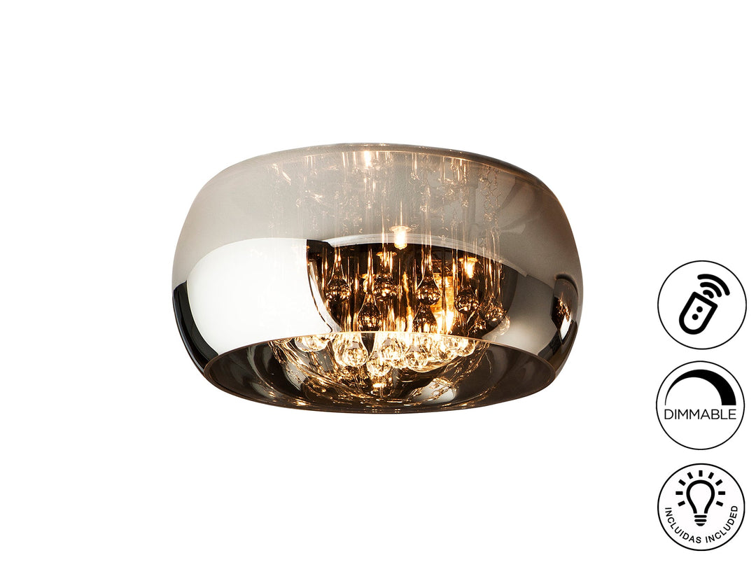 Plafonieră Schuller Argos cu abajur din sticlă reflectivă și picături de cristal stil Murano, finisaj cromat — dimmable cu telecomandă.