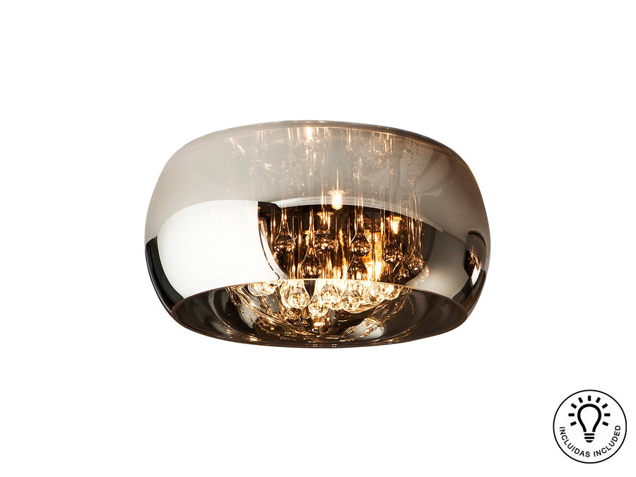 Plafonieră Schuller Argos cu abajur din sticlă reflectivă și picături de cristal suspendate în interior — stil Murano, finisaj cromat.