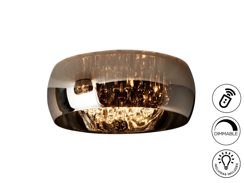 Plafonieră Schuller Argos cu abajur din sticlă reflectivă și picături de cristal stil Murano, finisaj cromat — Ø50 cm, dimmable.