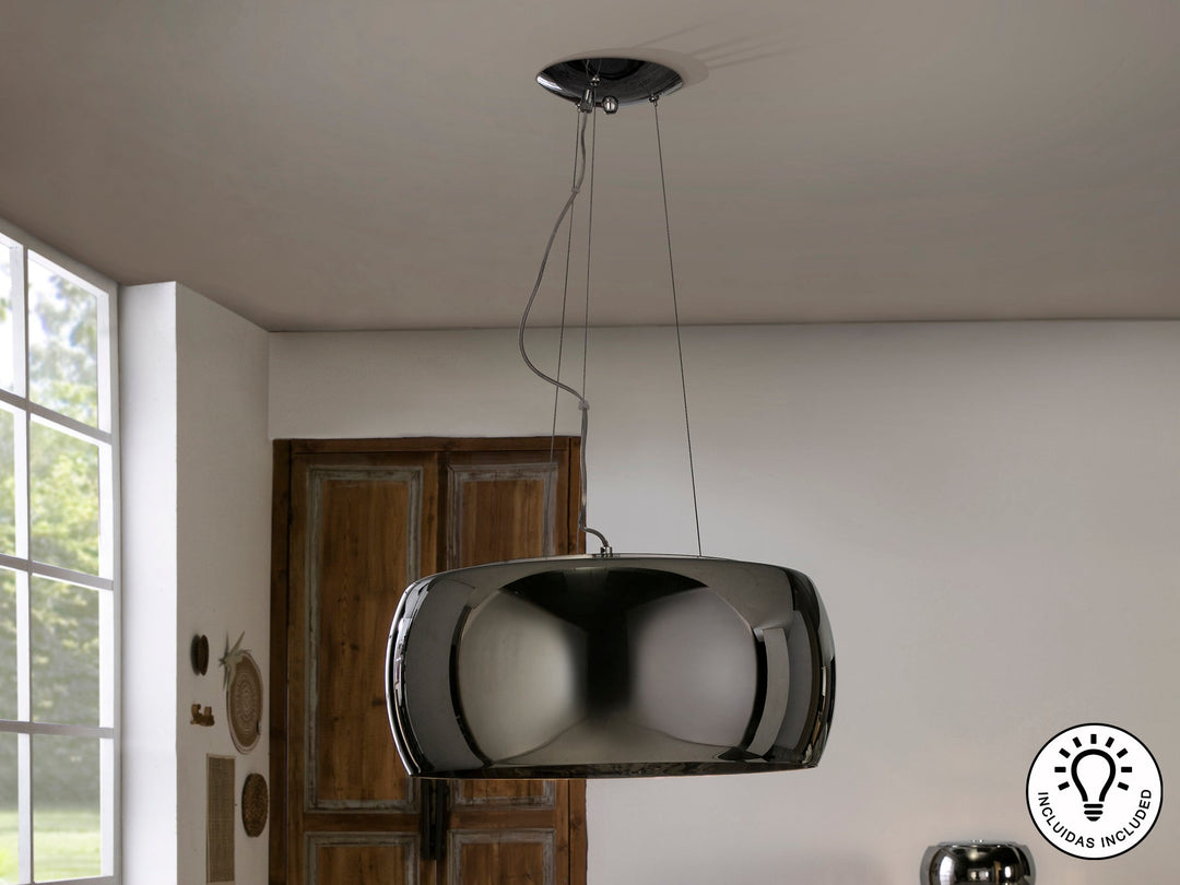 Pendul suspendat Schuller Argos cu abajur din sticlă reflectivă și picături de cristal stil Murano, finisaj cromat — Ø50 cm.
