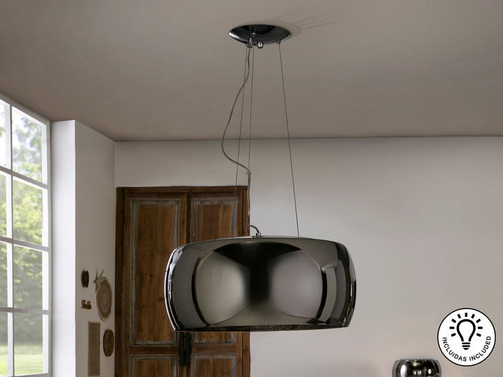 Pendul suspendat Schuller Argos cu abajur din sticlă reflectivă și picături de cristal stil Murano, finisaj cromat — Ø50 cm.